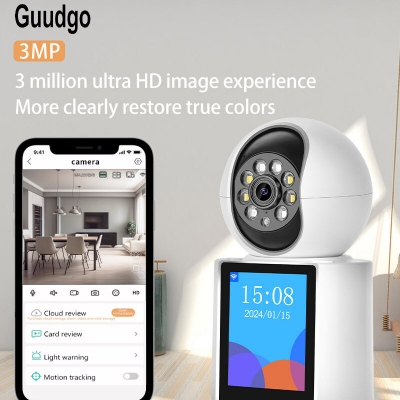 Guudgo 3MP 2.8 Inch IPS Screen Video Calling Camera Wireless PTZ IP Dome Camera Night Vision Humanoid Tracking Alarm Push Home Security CCTV Baby Monitor iCSEE APP Intercom Cameras with Remote Control [2009647]