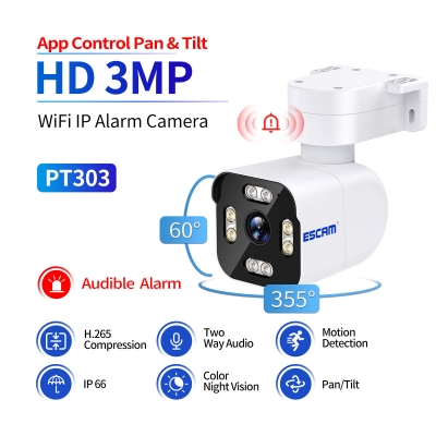 ESCAM PT303 3MP WiFi IP Alarm Camera Wireless Color Night Vision Human Detection Two Way Audio IP66 Audible Alarm H.265 APP Control PTZ Cameras COD [2006298]