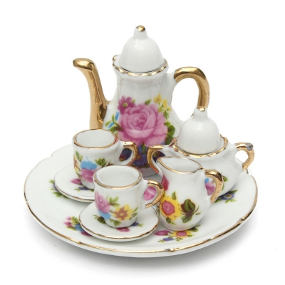 8pcs Porcelain Vintage Tea Sets Teapot Coffee Retro Floral Cups Doll House Decor Toy COD [1126421]