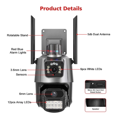 3MP+3MP Dual Lens Wifi Camera Outdoor Dual-Screen AI Auto Tracking PTZ IR Color Night Vision Onvif 2-Way Audio Surveillance Camera iCSee COD [1985672]