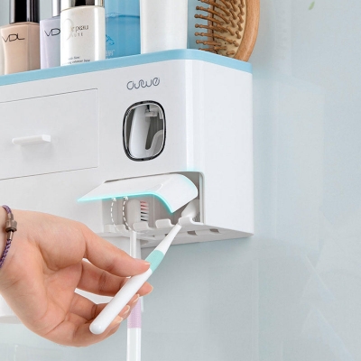 Wall Mount Adsorption Toothbrush Holder Inverted Cups with Toothpaste Squeezer COD [1600272]